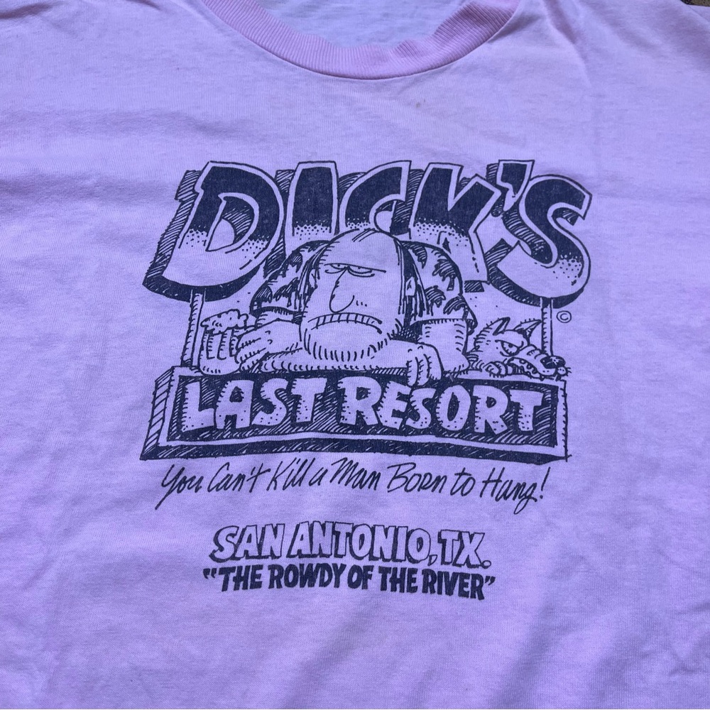 Vtg 80s Dicks Last Resort Born To Hang Funny Pink Shirt Mens Size XL San Antonio - Picture 2 of 5